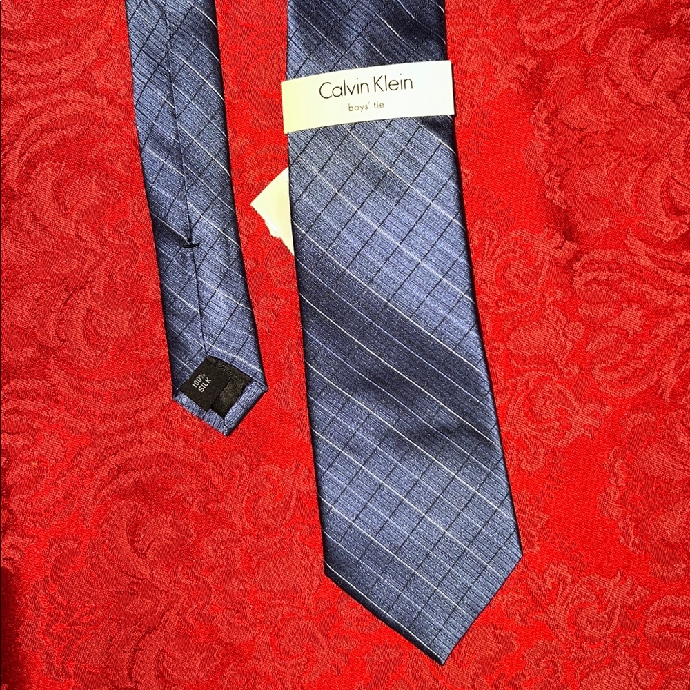 Calvin Klein Boys 100% Silk Blue Windowpane Dress Tie 48” NWT